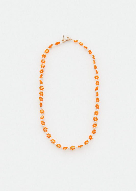 Brillenkette, die aus weißen, gelben und orangenen Perlen besteht, die jeweils als Blumen angeordnet sind