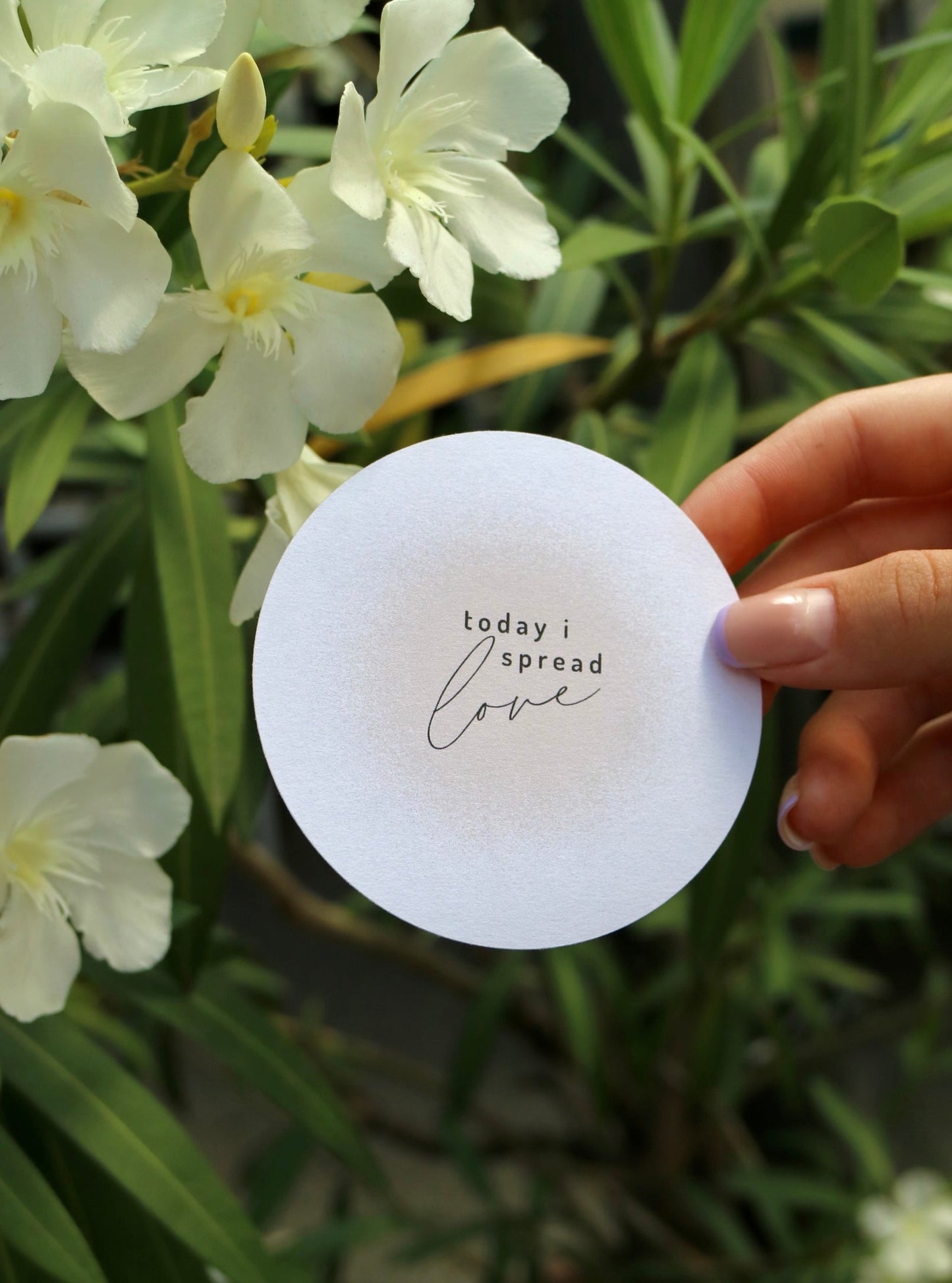 rundes, weißes Sticker mit beigem Mittelpart im Sprühdesign und der Aufschrift "today i spread love"